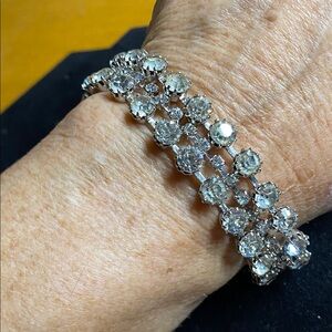Vintage Triple-Row Rhinestone Bracelet | Silver-Tone Prong Set | Statement